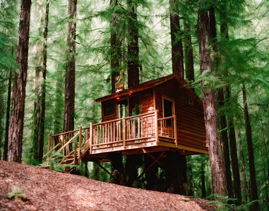 Rustic treehouse with deck and stairs in lush forest