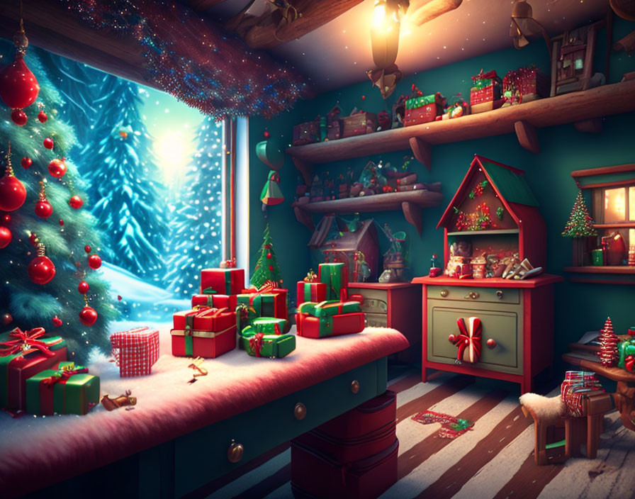 Festive Christmas cabin with gifts, decorations, starry sky & warm lighting