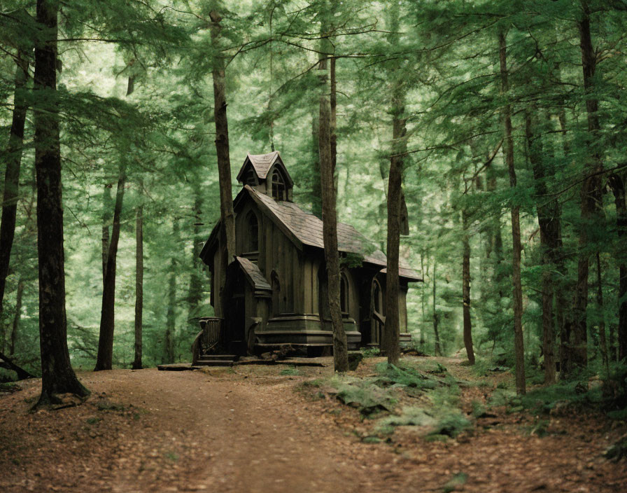 Rustic wooden chapel in serene forest with tall pine trees