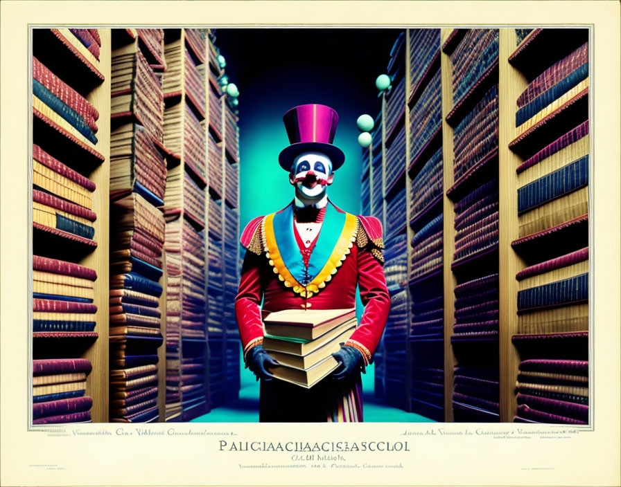 Colorful library scene with ringmaster holding books