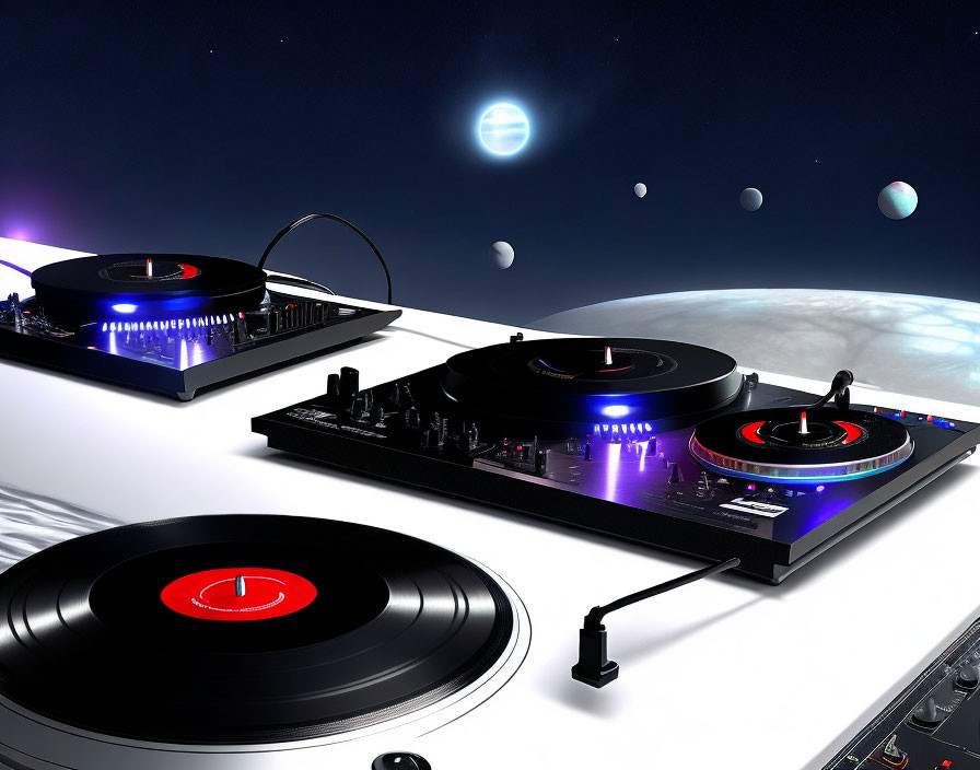 Glowing Turntables in Space-Themed Setup with Planets and Stars