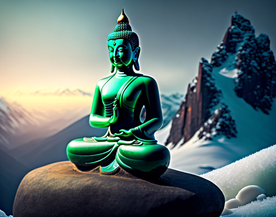 Buddha statue meditating on rock in snowy mountain scene