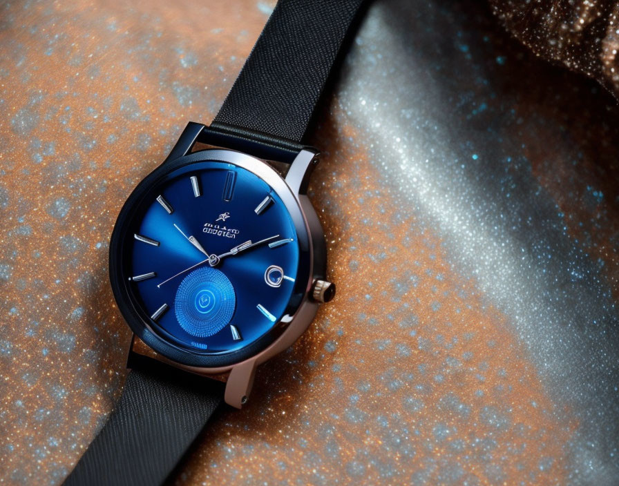 Luxurious Watch with Blue Gradient Dial, Metallic Case, and Black Strap on Textured Surface