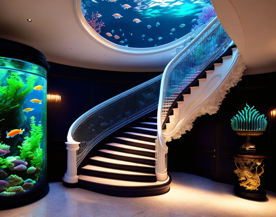 Luxurious Staircase with Intricate Balustrades and Aquariums