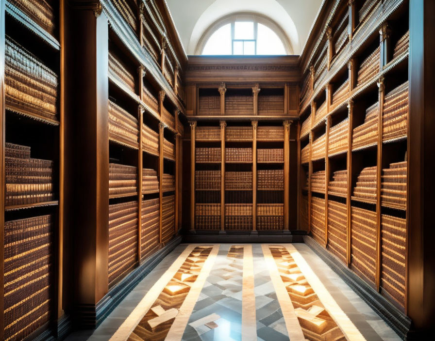 Sophisticated library room with wooden bookshelves and herringbone parquet floor