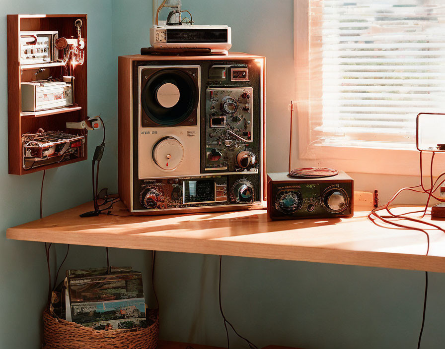 Classic audio equipment on wooden desk in sunlight: speaker, radio, reel tape deck