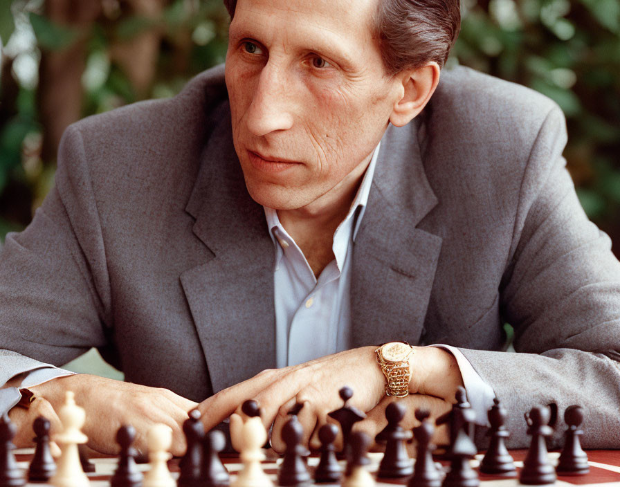 Man in Gray Suit and Blue Shirt Playing Chess with Gold Watch