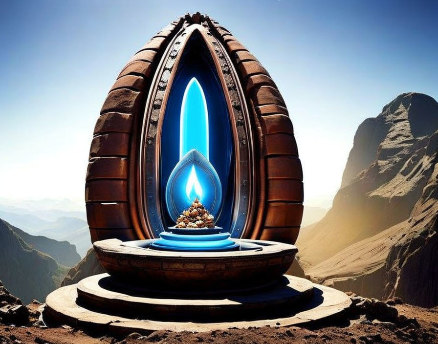 Futuristic flame sculpture in oval wooden structure in desert canyon landscape