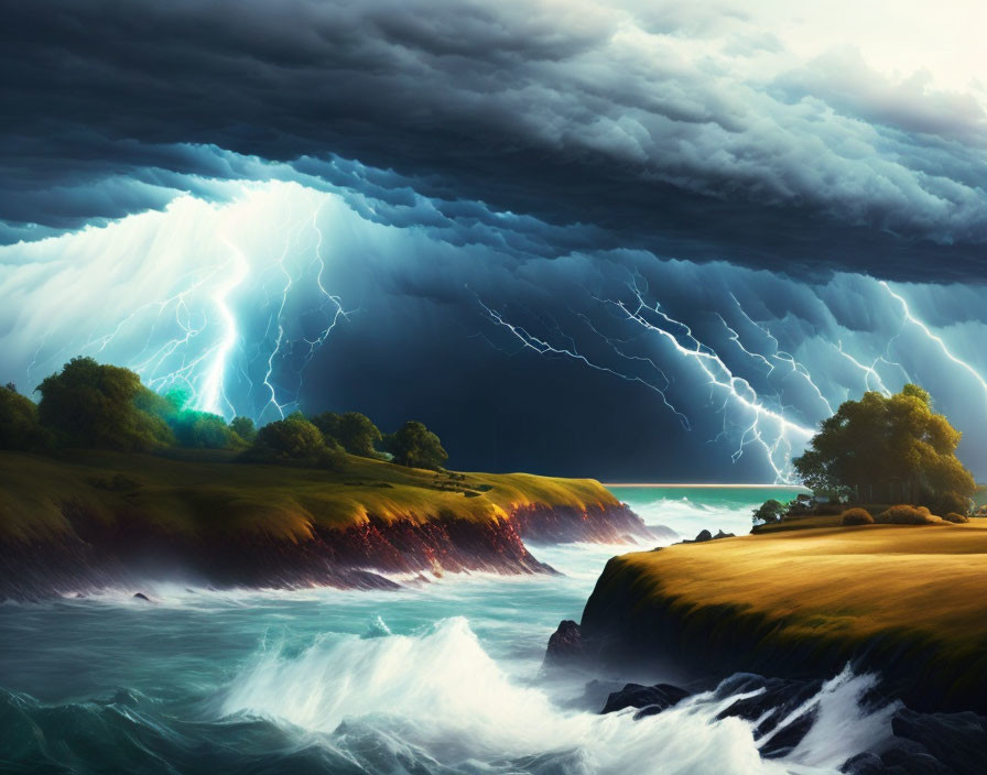 Stormy Seascape with Lightning Strikes and Turbulent Waves