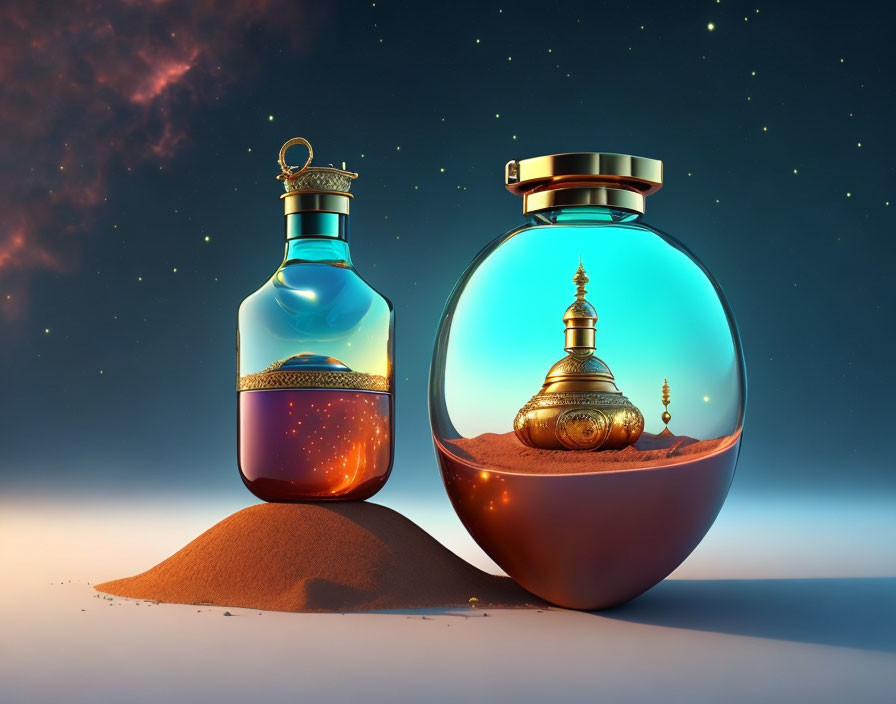 Ornate magical bottles with desert landscapes under twilight sky