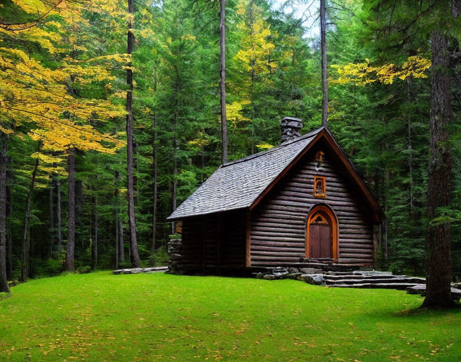 Rustic wooden cabin with shingled roof in pine forest