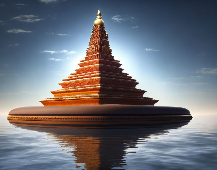 Digital artwork: Serene pagoda with golden spire on calm water under tranquil sky