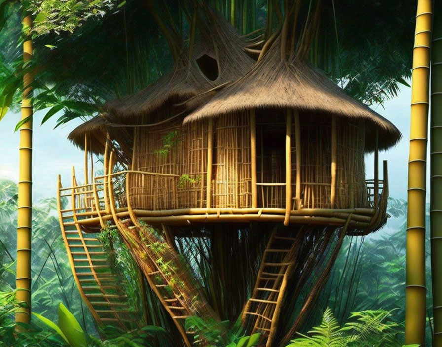 Bamboo Treehouse with Thatched Roof in Lush Greenery