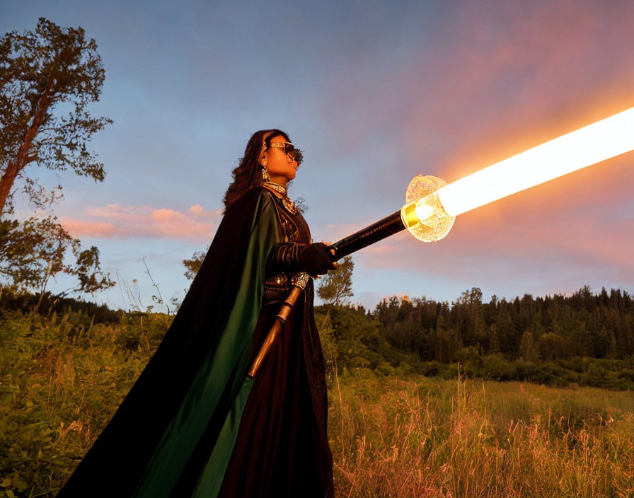 Person in Green Cape with Lit-Up Saber in Sunset Scene