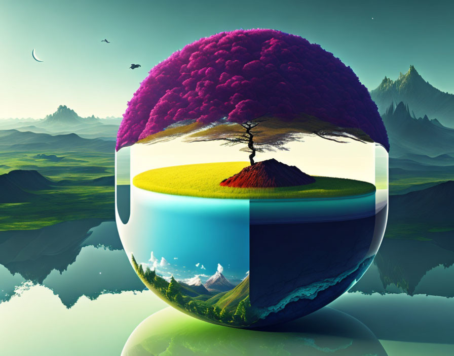 Spherical layered landscape with pink tree above mountainous backdrop