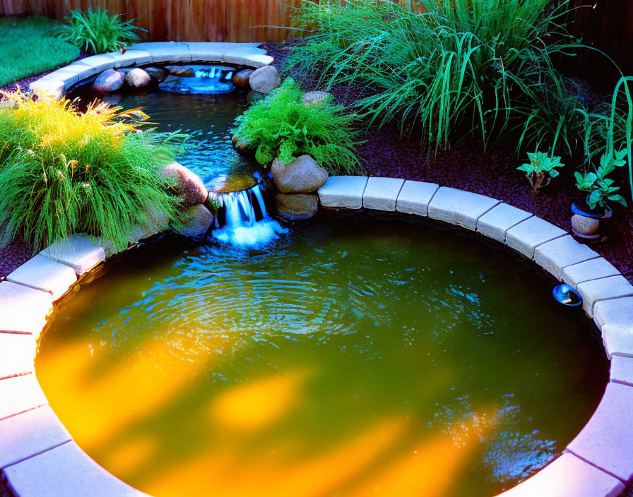 Tranquil backyard pond with lush greenery and gentle waterfall