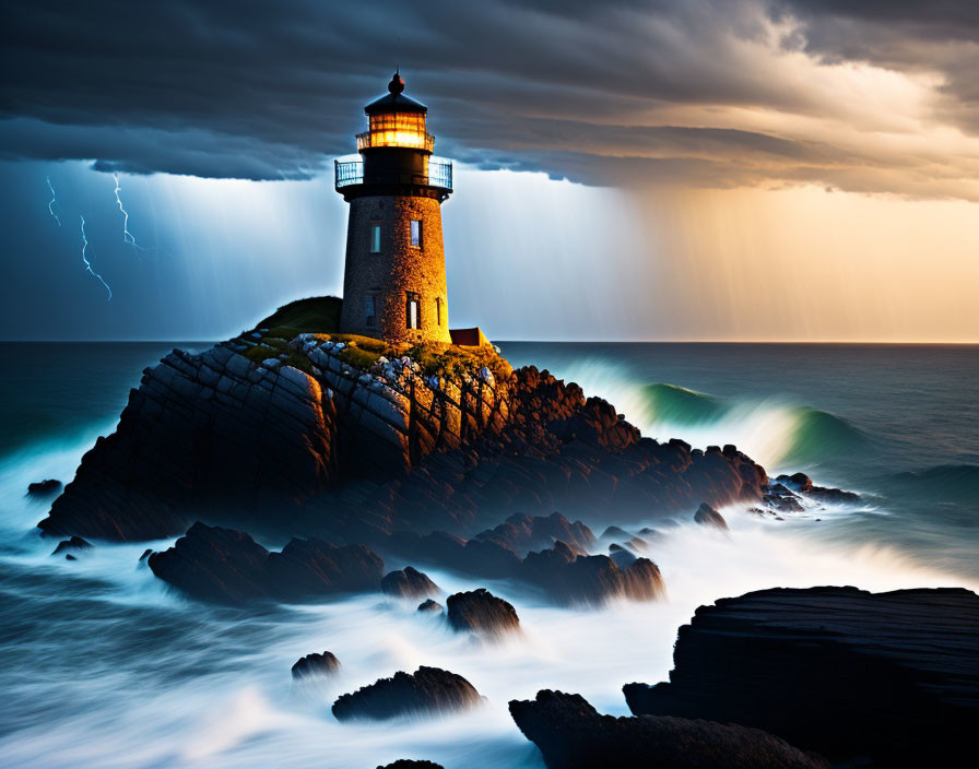 Dramatic lighthouse scene with lightning, sunlight, and crashing waves