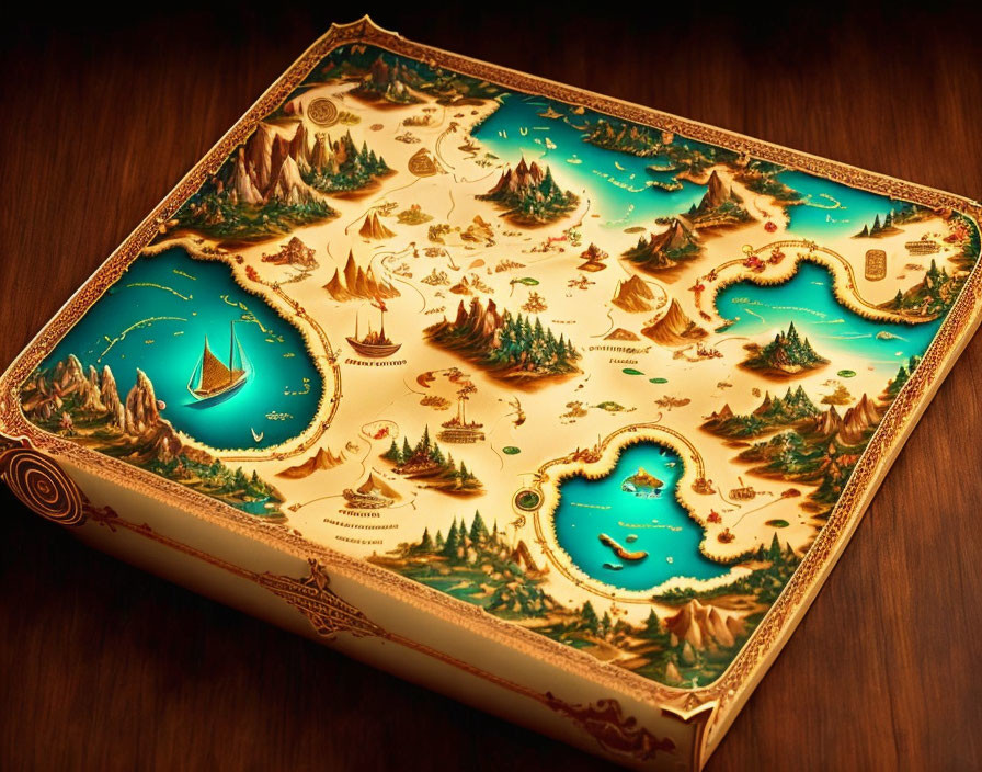 Fantasy map board game with 3D topographical design, mountains, trees, sailing ship