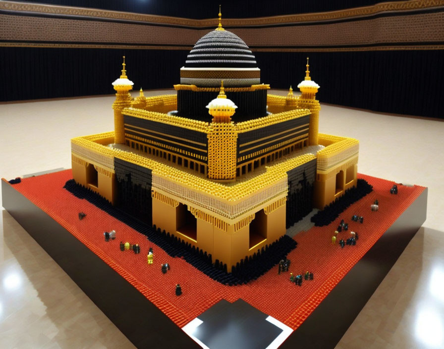 Intricate Yellow and Black Mosque Model on Red Mat