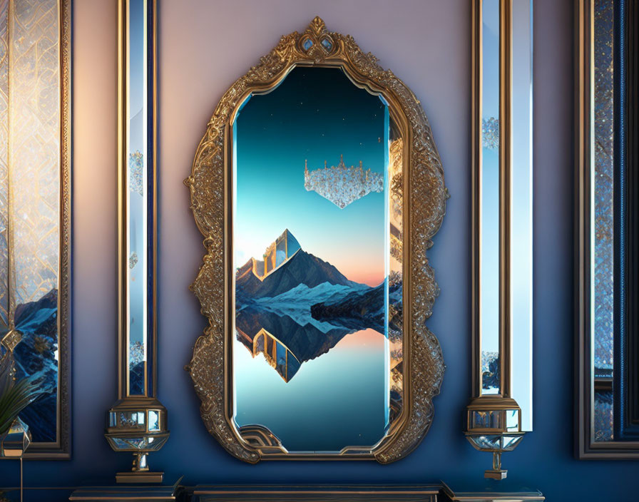 Gold-framed mirror reflects surreal ice mountain over serene water and dusk sky