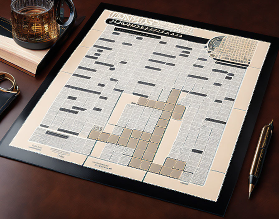 Crossword Puzzle on Leather Desktop Pad with Pen and Whiskey Glass