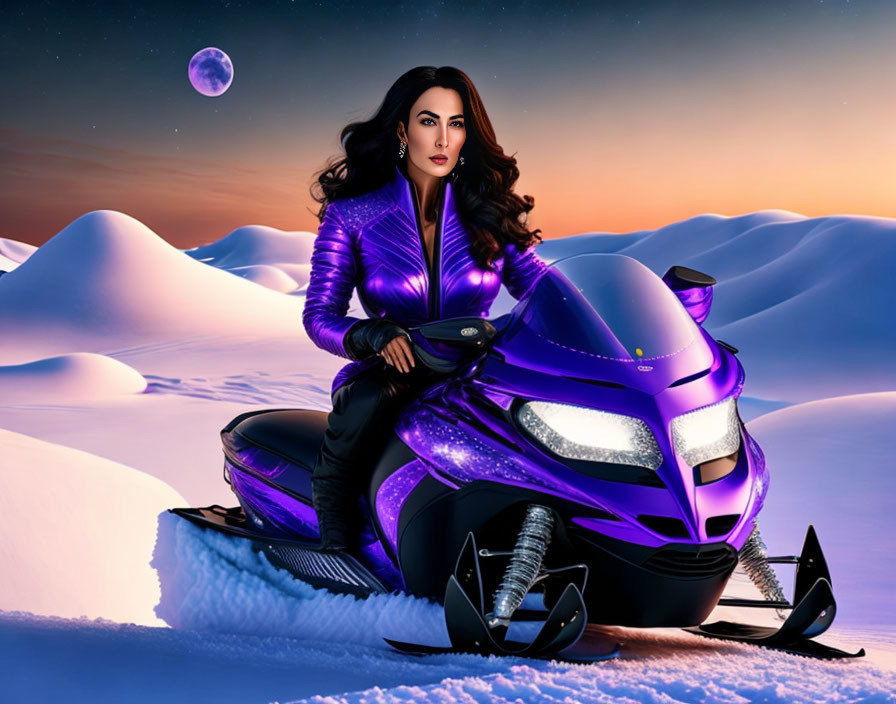 Woman in purple jacket on snowmobile at twilight with purple-tinted moon