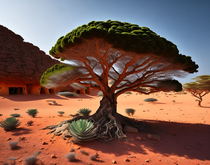 Surreal desert landscape with lush tree, rock formations, and caves