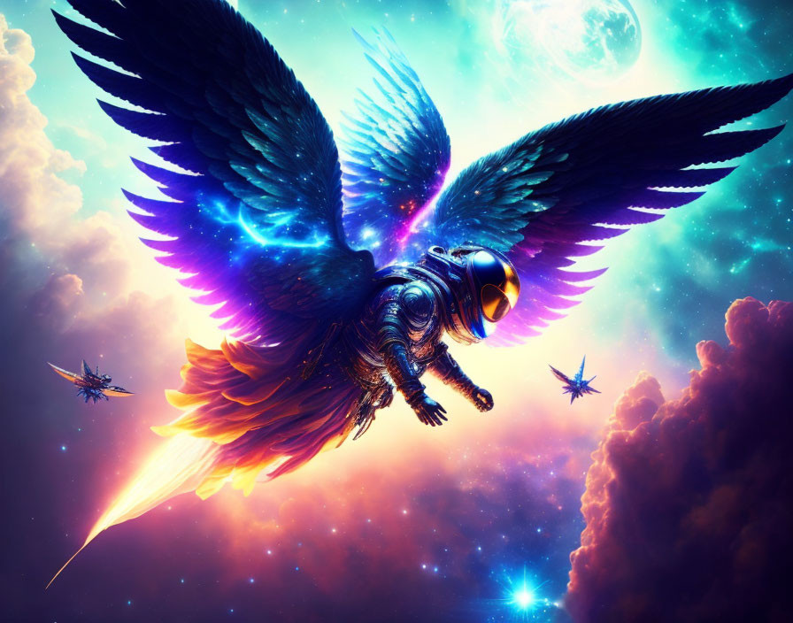 Armored figure with majestic wings in vibrant cosmic scene