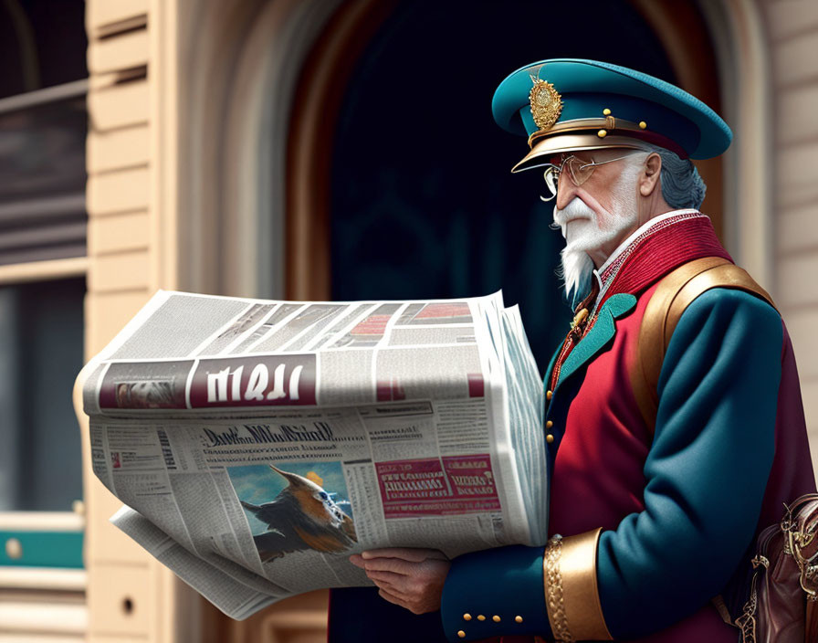 Elderly doorman in red and green uniform reading newspaper outside building