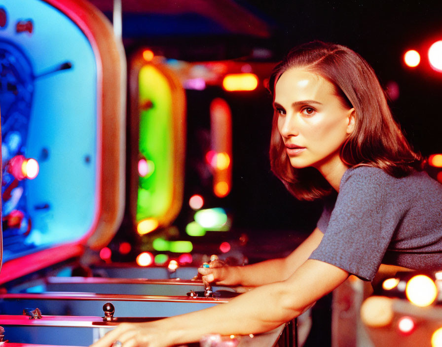 Woman Playing Pinball in Neon-Lit Arcade