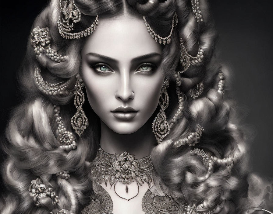 Monochromatic digital artwork of a woman with elaborate hairstyles and intricate jewelry