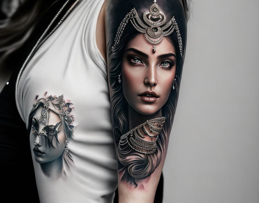 Intricate woman portrait tattoo with head jewelry and captivating eyes