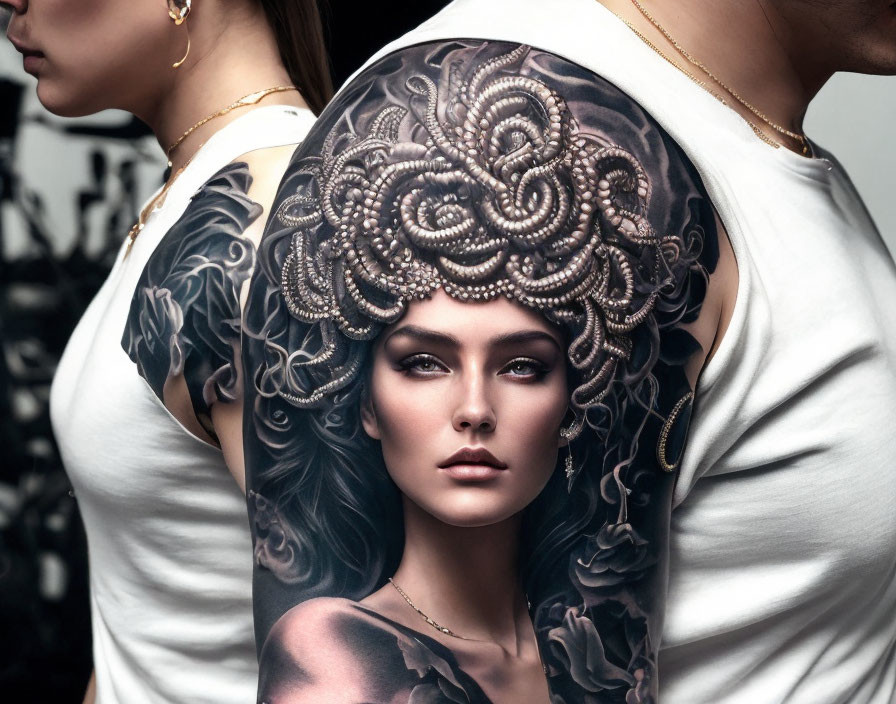 Intricate woman portrait tattoo with pearls and roses on arm