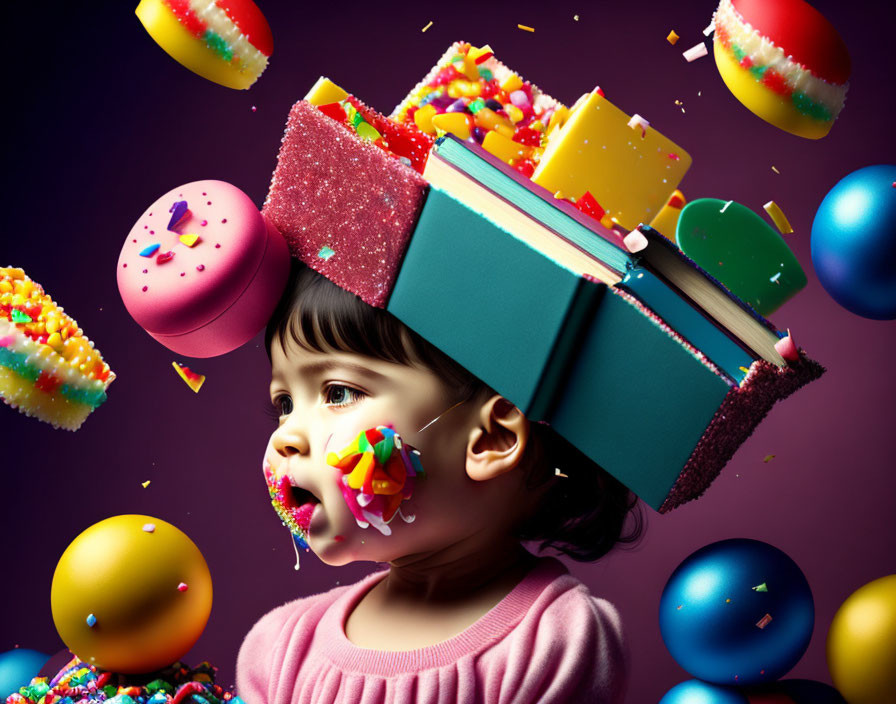 Child surrounded by vibrant confectionery and colorful balls with frozen sprinkles