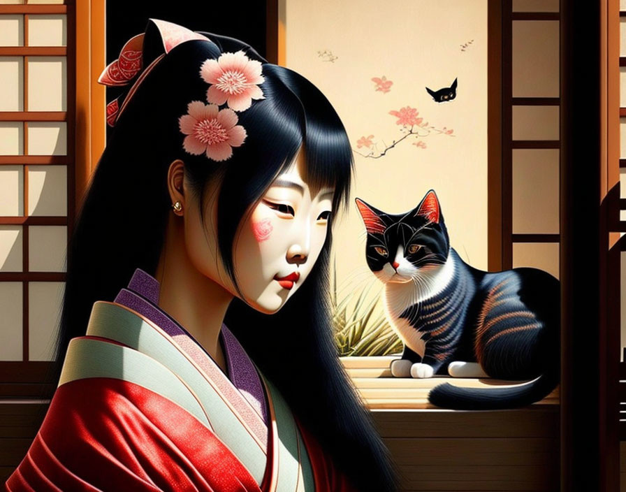 Illustrated woman in Japanese attire with cat, cherry blossoms, and butterfly.