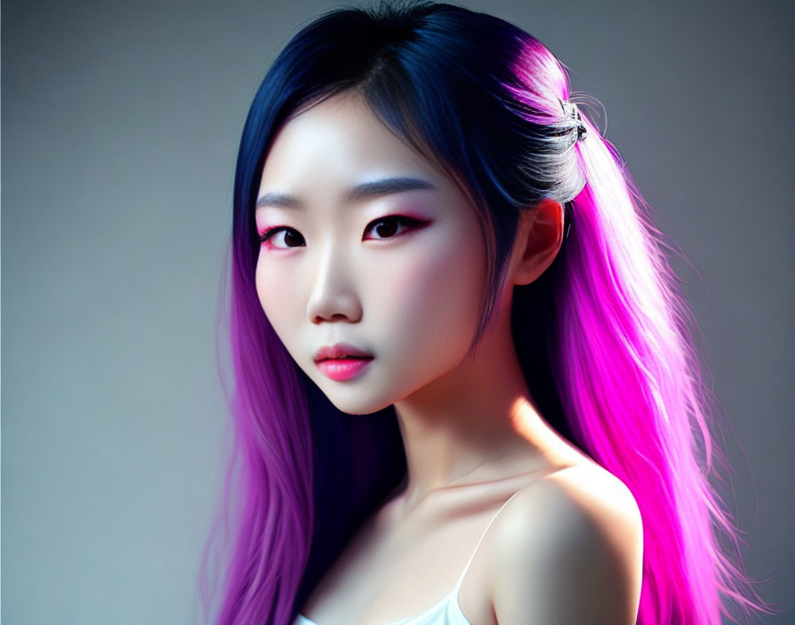 Ombre Purple Hair Half-Up Style with Pink Eyeshadow on Gradient Backdrop