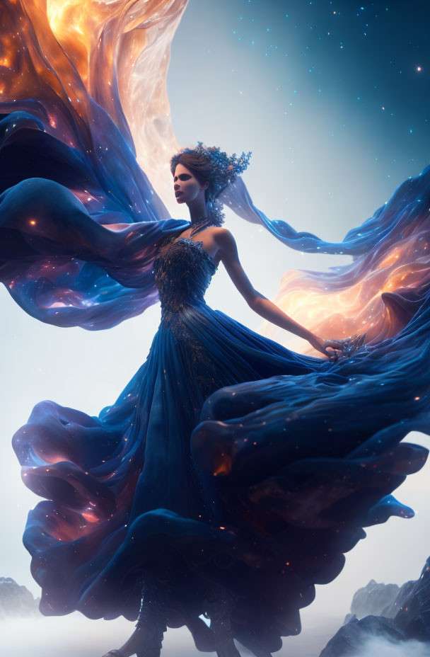 Majestic woman in ethereal blue gown on rocky terrain under starry sky