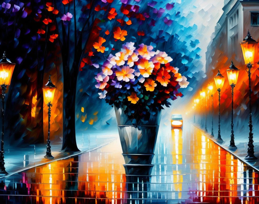 Colorful Flower Bouquet in Vase on Wet Street with Street Lamps