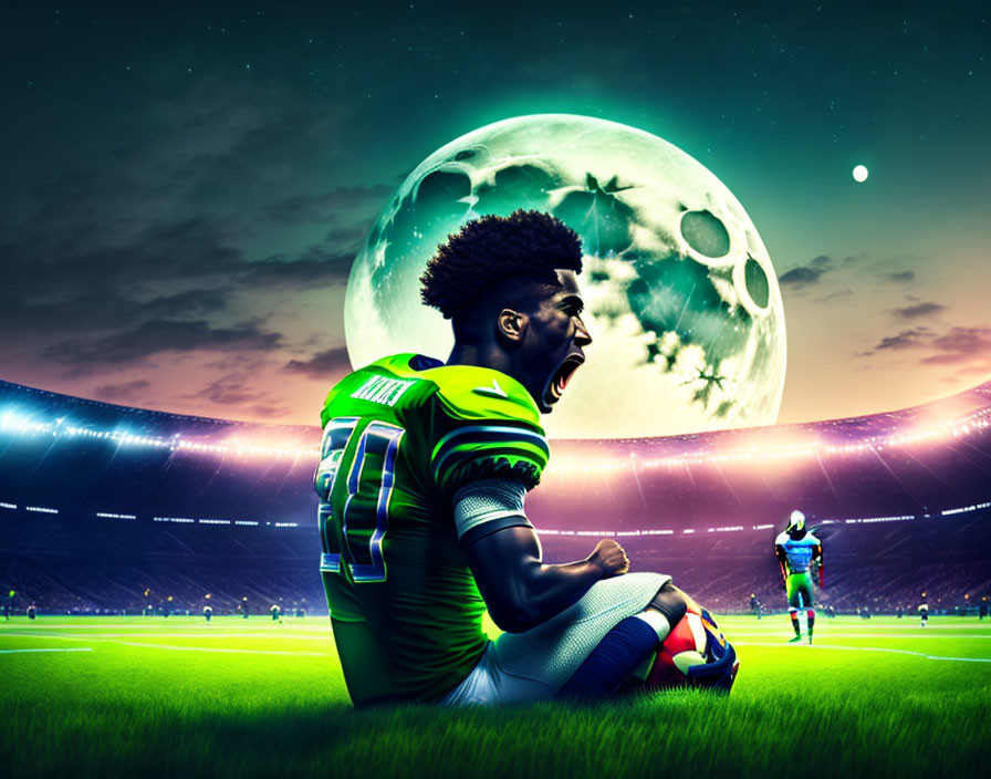 Football player kneeling with giant moon in surreal stadium scene