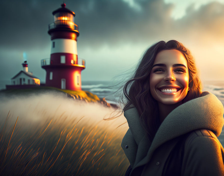 Smiling woman in coat with lighthouse in background at sunset