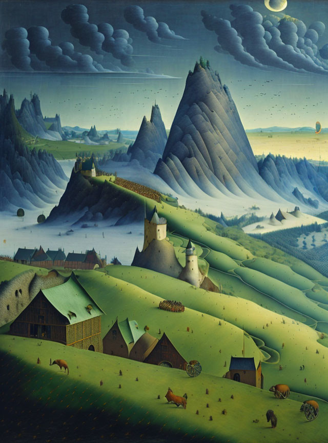 Exaggerated rolling hills and castle in surreal moonlit landscape