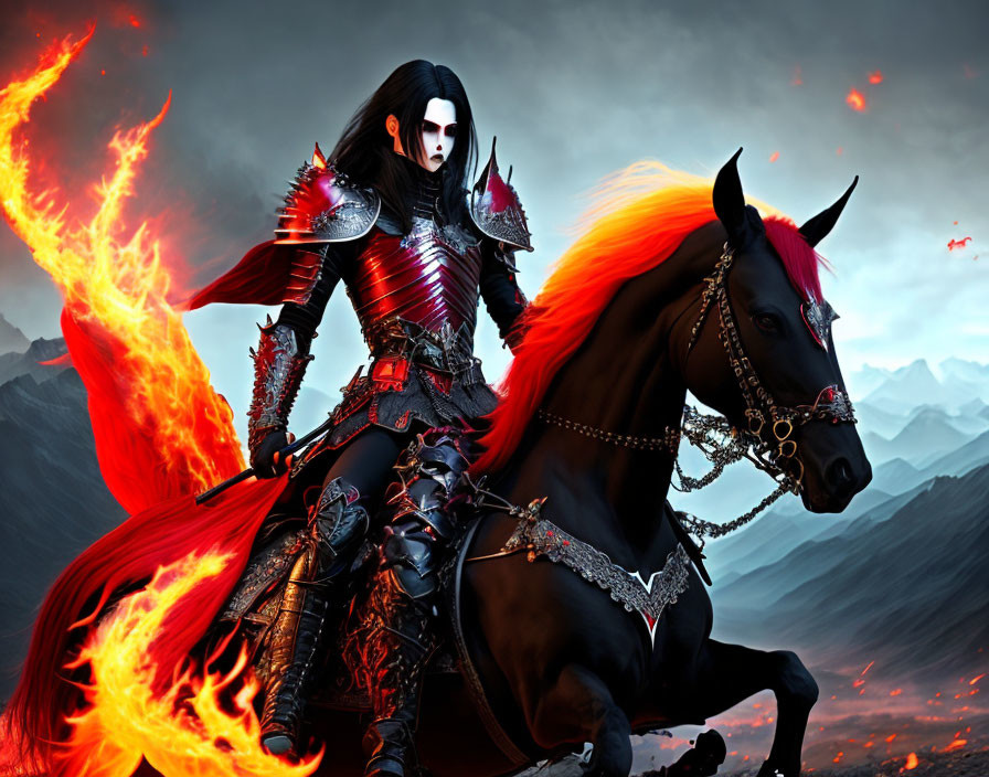 Dark Armored Figure on Flame-Accented Horse Amid Fire and Mountains