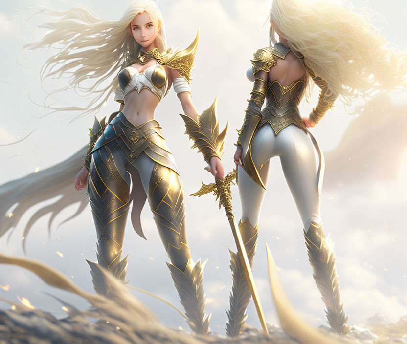 Fantasy digital artwork: Two armored women with blonde hair, holding golden weapons in dynamic pose.