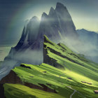 Exaggerated rolling hills and castle in surreal moonlit landscape