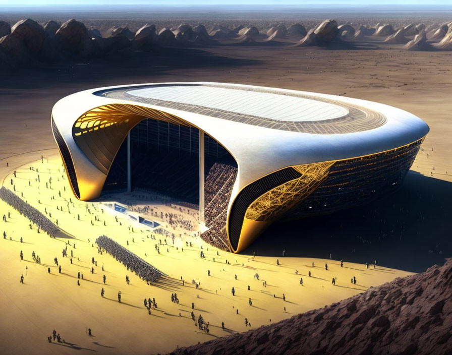 Sleek, curved futuristic stadium with golden accents in desert landscape.