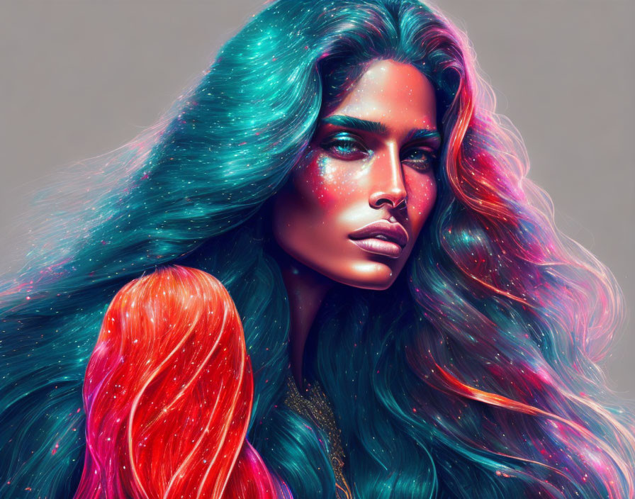 Vibrant digital artwork: Woman with blue, pink, and purple flowing hair