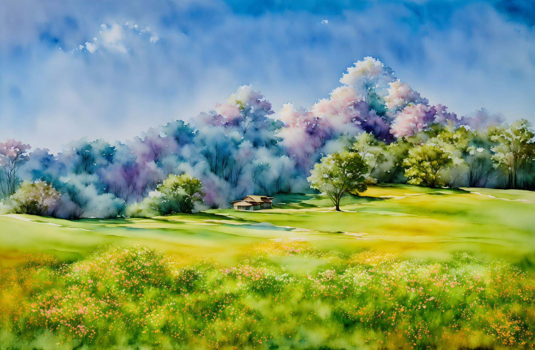 Colorful impressionistic painting of lush meadow with tree and flowers