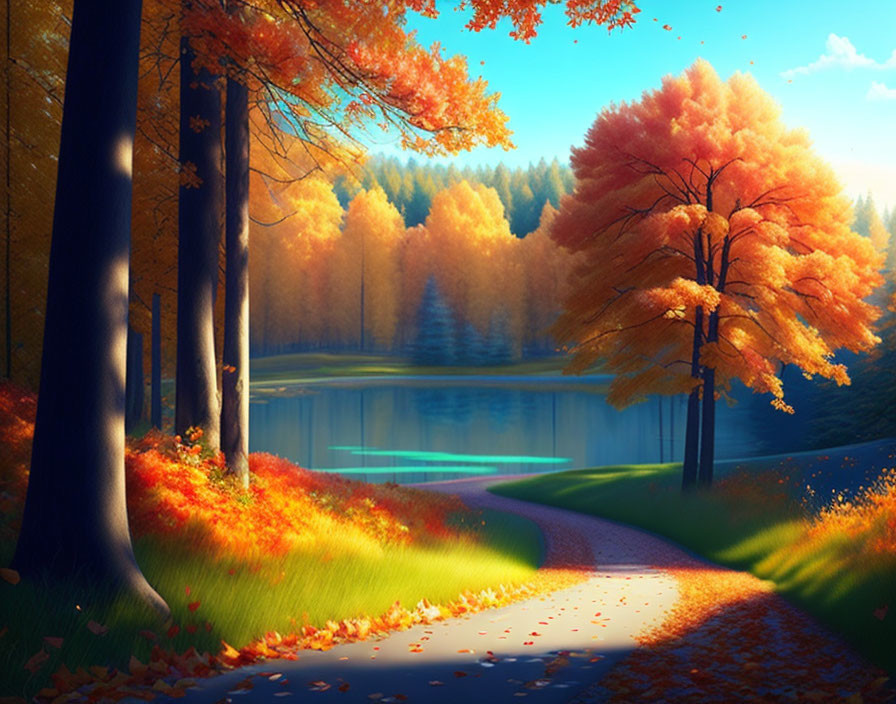 Scenic autumn forest path to tranquil lake