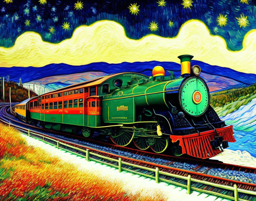 Colorful painting of steam locomotive on curving tracks under starry night sky