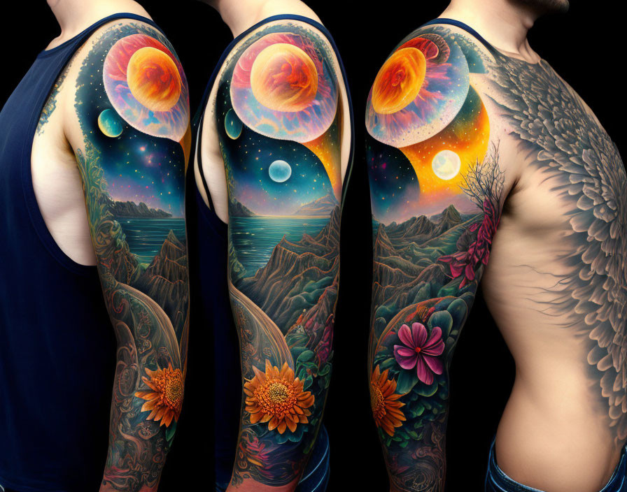 Elaborate Sleeve Tattoos: Cosmic Landscapes, Mountains, Florals